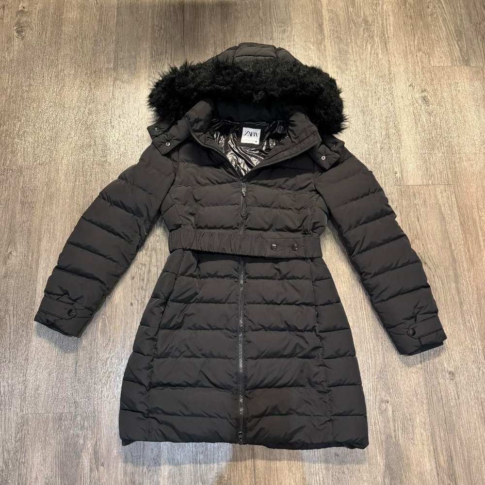 Zara Black Quilted Belted Puffer Coat with Faux Fur Hood